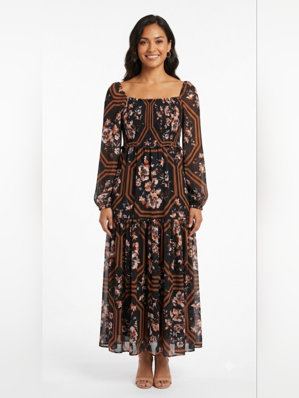 EVIE Black & Brown Floral Long Sleeve Maxi Dress,Size XS.